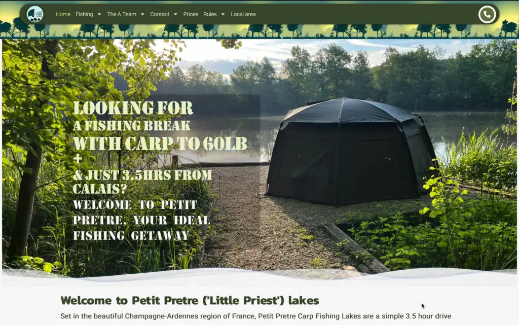 Website design for Petit Pretre Carp Fishing lakes in France