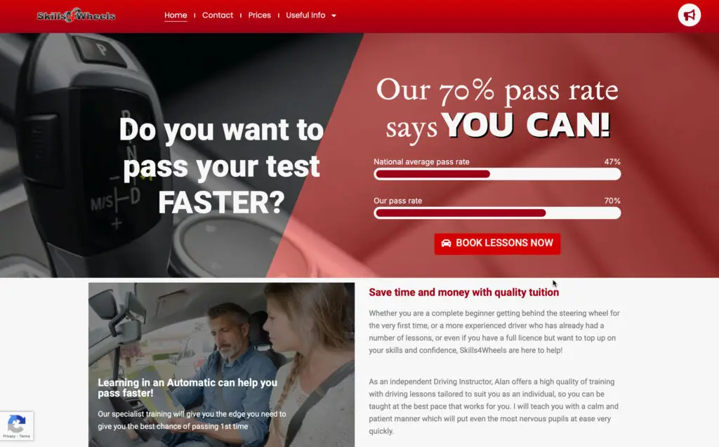 Scrrenshot of desktop website for driving instructor providing Automatic drivng lessons Weston Super Mare